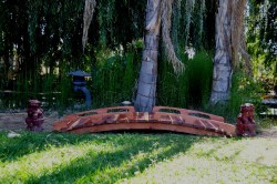 Here is a 8 ft Japanese bridge with Custom Rails They are open in the center to allow turtles inter the pond from the top center of the bridge.  